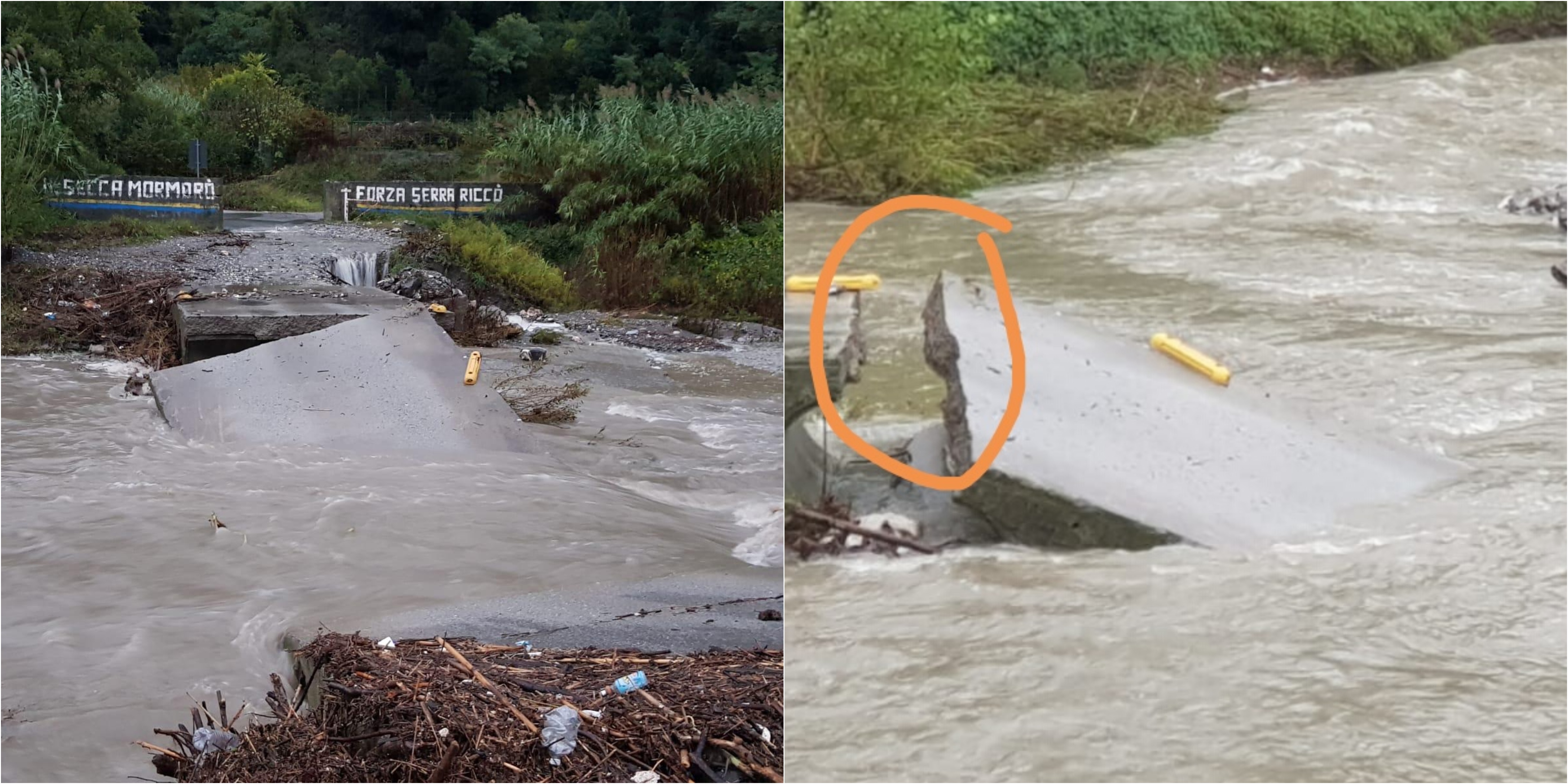 Maltempo in Liguria, a Serra Riccò crolla guado sul Secca