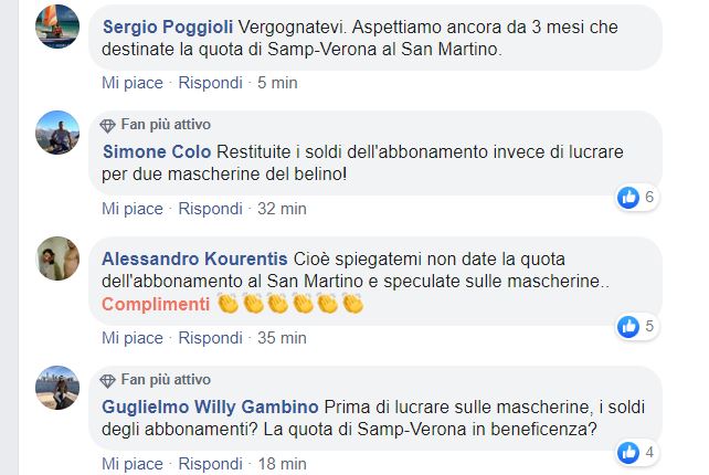 Mascherina della Sampdoria, i tifosi riaprono la polemica sulla mancata beneficenza