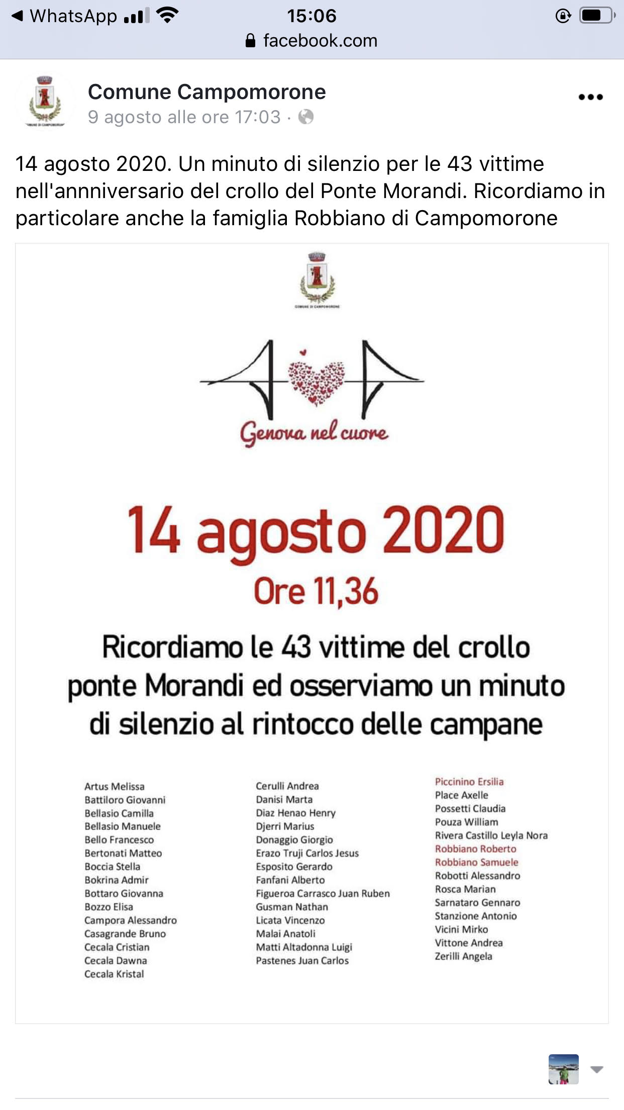Nel paese della famiglia Robbiano silenzio per le vittime, sindaci invitati alla cerimonia