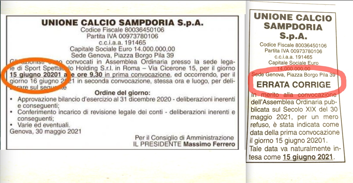 Sampdoria, l'assemblea riportata indietro di...18.180 anni