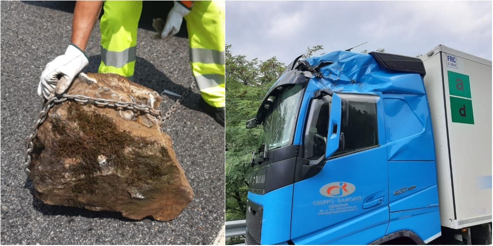 Un masso gigante piomba sul camion, tragedia sfiorata in A7  