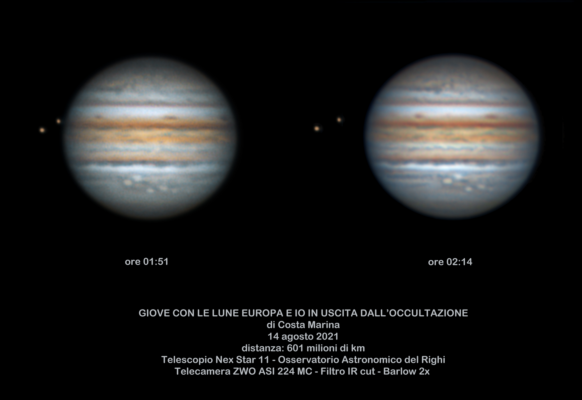 La doppia foto: il pianeta Giove e le lune 'Io' ed 'Europa' 